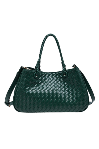 Urban Expressions Karym Satchel in Emerald featuring rich green woven vegan leather, braided top handles, a structured silhouette, and an adjustable detachable shoulder strap.