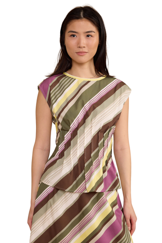 Diagonal striped cap sleeve top in earthy green, pink, ivory, and brown tones.