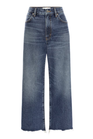 FRAME The Swing jeans in Lucky Raw After featuring a medium blue wash, high rise, cropped wide-leg silhouette, and raw hem.