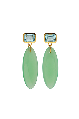 Lizzie Fortunato Valery Drop Earrings in Multi with sky blue faceted glass tops and green Murano glass drops.
