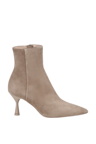 AGL Ide Bootie in Ghibli-Basic neutral taupe suede with a tapered toe, slim heel, and side zip closure.