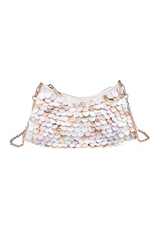 Rue Aveline Opalite Evening Bag in Ivory featuring layered shell-like embellishments and a detachable gold-tone chain strap.