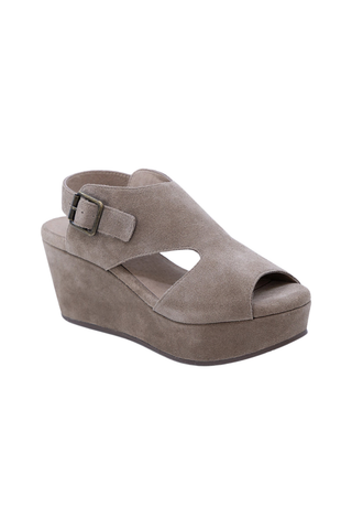 Chocolat Blu Werner Wedge in Taupe Suede featuring an open-toe suede upper, adjustable ankle strap, side cutout, and platform wedge heel.
