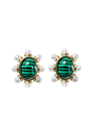 Pearl Oval Stud Earrings, Green Malachite