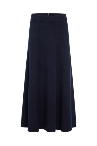 Marie Oliver Jemma Skirt in Navy featuring a structured knit fabric, ribbed waistband, and flowing fit-and-flare maxi silhouette.