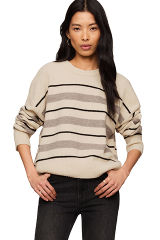 Z Supply Cirrus Stripe Sweater in Chalk featuring neutral horizontal stripes, a crew neckline, long sleeves, and a relaxed lightweight knit silhouette.