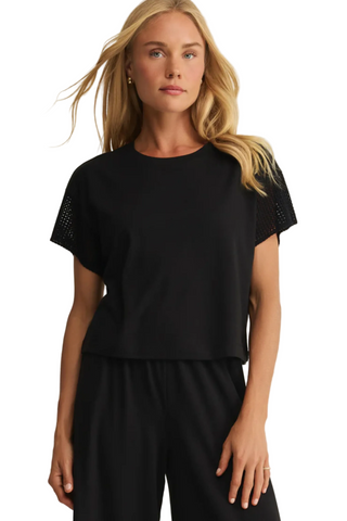 Z Supply Banyan Crochet Top in Black featuring crochet-inspired short sleeves, relaxed fit, crew neckline, and soft lightweight jersey fabric