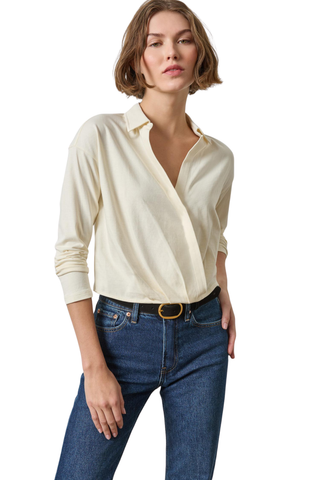 Lilla P Faux Wrap Collared Top in Rope ivory featuring a collared neckline, draped faux-wrap front, and long sleeves.