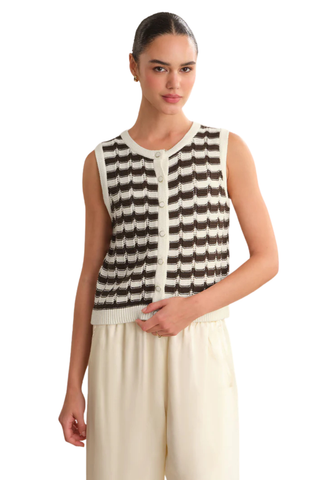 Model wearing the 525 Isla Striped Vest in Chalk Combo featuring a textured cream and brown striped knit, sleeveless silhouette, and button-front detail