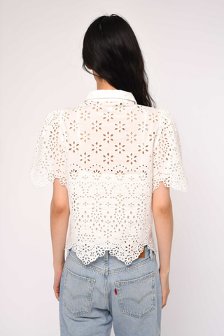 Love the Label Abigail Top Bright White eyelet embroidered short sleeve blouse with button front and scalloped hem
