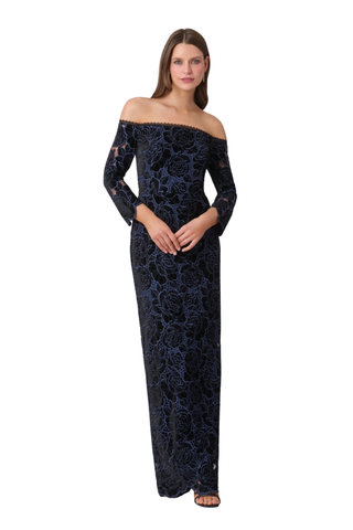 Shoshanna Joelle Dress in Jet/Navy featuring velvet lace, an off-the-shoulder neckline, three-quarter sleeves, and scalloped detailing.