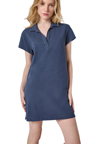Lilla P navy short sleeve terry tunic dress with collar and split neckline