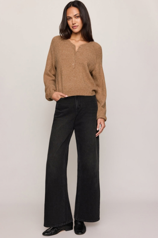 Z Supply Westmont Henley Sweater in Golden Caramel featuring a button-front henley neckline, raglan sleeves, and soft brushed knit.