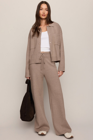 Z Supply Take It Easy Pant in Heather Ash featuring a soft taupe-grey sweater knit, wide-leg silhouette, and drawstring waistband.