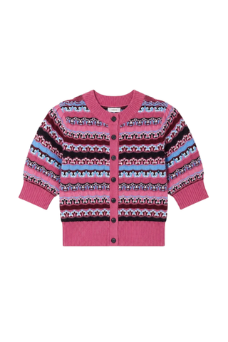 Suncoo Gamira Sweater in Rouge featuring a multicolor patterned knit, short sleeves, crew neckline, and button-front cropped silhouette.