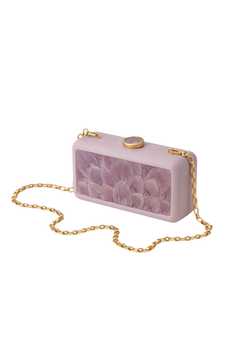 Brackish Le Marais Pink Peacock Clutch with handcrafted feather panel, blush lambskin leather, and removable gold chain strap
