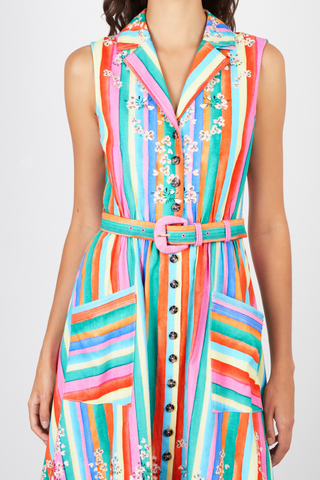 Multicolor striped and floral SALONI midi dress with belt and button front