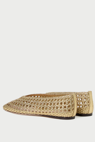 Loeffler Randall Emery Ballet Flat in gold crocheted leather featuring a square toe silhouette and woven metallic texture
