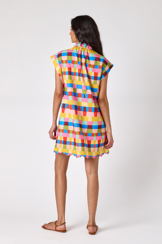 Crosby Lee Lee Dress Prism multicolor printed mini dress with ruffle neckline and cap sleeves