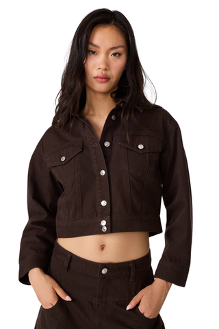 Steve Madden Dove Jacket in Espresso, a cropped dark brown denim jacket with a button front, collar, and chest pockets.