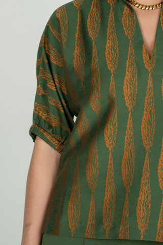 Emily McCarthy Poppy Top in Tuscan Villa, a green and brown printed short sleeve blouse with a stand collar and relaxed fit.