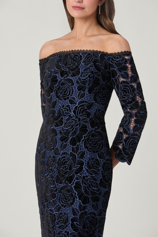 Shoshanna Joelle Dress in Jet/Navy featuring velvet lace, an off-the-shoulder neckline, three-quarter sleeves, and scalloped detailing.