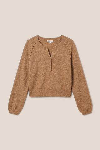 Z Supply Westmont Henley Sweater in Golden Caramel featuring a button-front henley neckline, raglan sleeves, and soft brushed knit.
