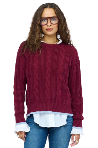 Kerri Rosenthal Maxwork Cable Pullover Sweater in burgundy featuring cable knit texture, contrast tipping, and heart elbow patches.