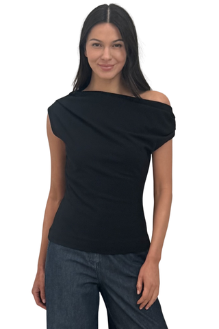 Trina Turk Roza Top in Black featuring a fitted silhouette and asymmetric draped neckline that falls softly across the shoulder.