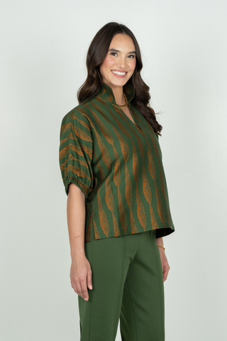 Emily McCarthy Poppy Top in Tuscan Villa, a green and brown printed short sleeve blouse with a stand collar and relaxed fit.