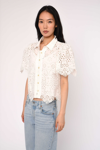 Love the Label Abigail Top Bright White eyelet embroidered short sleeve blouse with button front and scalloped hem