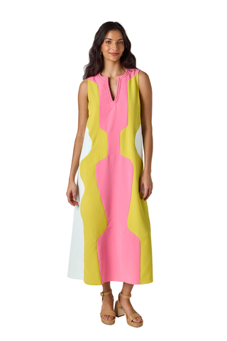Crosby Schaeffer Dress Garden Colorblock sleeveless midi dress with pink and green colorblocking
