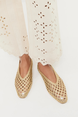 Loeffler Randall Emery Ballet Flat in gold crocheted leather featuring a square toe silhouette and woven metallic texture
