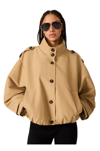 Medium khaki utility jacket with a stand collar and oversized silhouette.