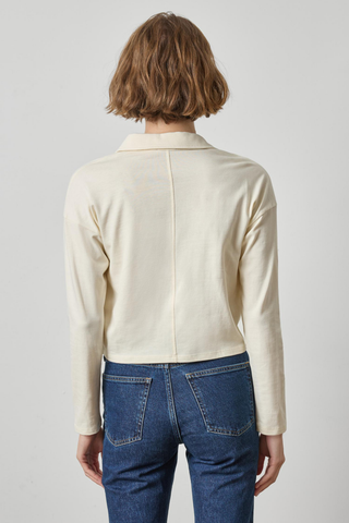 Lilla P Faux Wrap Collared Top in Rope ivory featuring a collared neckline, draped faux-wrap front, and long sleeves.