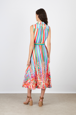 Multicolor striped and floral SALONI midi dress with belt and button front
