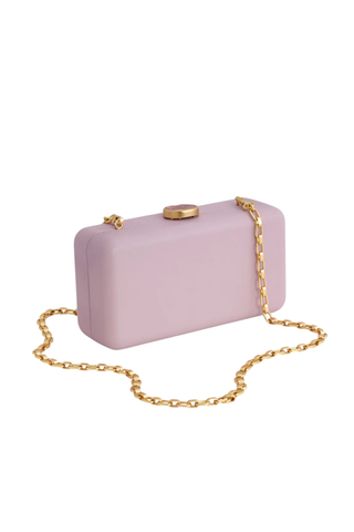 Brackish Le Marais Pink Peacock Clutch with handcrafted feather panel, blush lambskin leather, and removable gold chain strap
