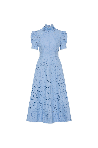 Rebecca Vallance Kitsu Midi Dress in blue broderie anglaise with floral neckline, short sleeves, and full midi skirt
