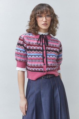 Suncoo Gamira Sweater in Rouge featuring a multicolor patterned knit, short sleeves, crew neckline, and button-front cropped silhouette.