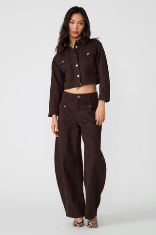 Steve Madden Dove Jacket in Espresso, a cropped dark brown denim jacket with a button front, collar, and chest pockets.