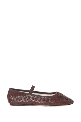 Loeffler Randall Leonie Woven Ballet Flat in espresso brown woven leather with an elastic bridge strap and bow detail.