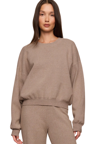 Z Supply Take It Easy Sweater in Heather Ash featuring a soft taupe-grey knit, relaxed crewneck silhouette, and long sleeves.