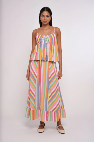 Love the Label Nova Top in Surya Stripe featuring multicolor stripes, adjustable spaghetti straps, pleat detailing, and a relaxed summer silhouette