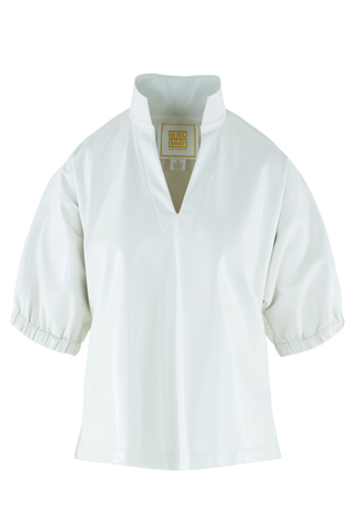 Emily McCarthy Poppy Top in Carrara white featuring a collared V-neckline, short gathered puff sleeves, and relaxed silhouette.