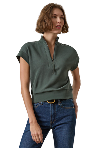 Lilla P Zip Mock Neck Top in Mineral green featuring a ribbed mock neckline, half-zip front, and short-sleeve French terry silhouette.