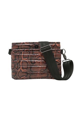 Think Royln Bum Bag 2.0 in brown Neo Python print with quilted texture and adjustable black strap.