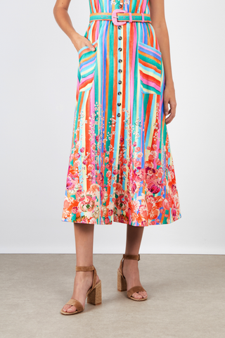 Multicolor striped and floral SALONI midi dress with belt and button front