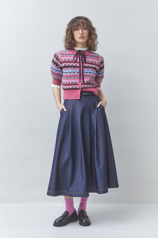 Suncoo Gamira Sweater in Rouge featuring a multicolor patterned knit, short sleeves, crew neckline, and button-front cropped silhouette.