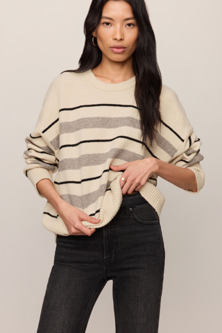 Z Supply Cirrus Stripe Sweater in Chalk featuring neutral horizontal stripes, a crew neckline, long sleeves, and a relaxed lightweight knit silhouette.