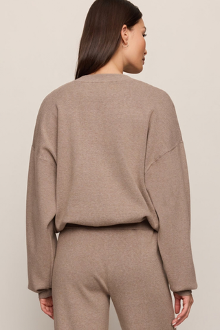 Z Supply Take It Easy Sweater in Heather Ash featuring a soft taupe-grey knit, relaxed crewneck silhouette, and long sleeves.